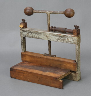 An iron and beech book press 57cm x 54cm x 27cm 