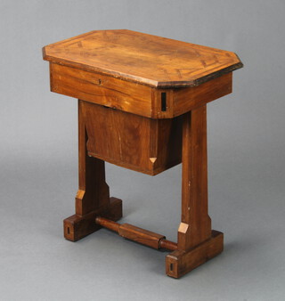 A Victorian shaped inlaid walnut work box with fitted deep basket on standard supports with H framed stretcher 61cm h x 56cm w x 38cm d (some scratches to the top in places) 