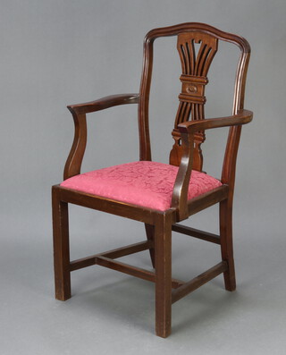 A Georgian style mahogany open arm carver chair with pierced shaped slat back and upholstered drop in seat, raised on square supports 100cm h x 63cm w x 46cm d (seat 32cm x 31cm)