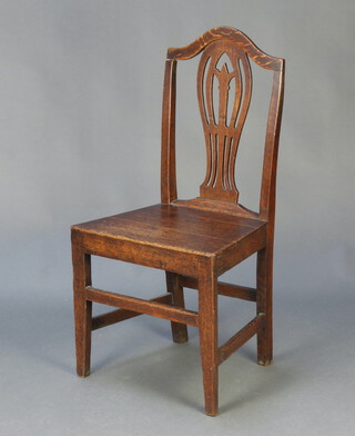 An 19th Century  oak Hepplewhite style camel back hall chair with pierced vase shaped slat backs and solid seat raised on square supports 95cm x 47cm x 38cm (seat 32cm x 28cm) 