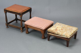 A Victorian rectangular mahogany stool with gingham cloth seat, raised on turned supports 20cm h x 38cm w x 29cm d, an inlaid mahogany stool with upholstered seat 17cm x 34cm x 30cm and an oak framed stool 33cm x 34cm x 28cm  