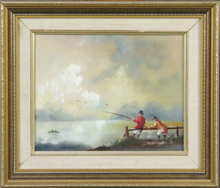 Oil on board, study of two gentleman fishing 19cm x 24cm