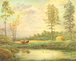 Victorian oil on board indistinctly signed, haymakers in an extensive landscape 50cm x 62cm 
