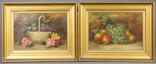E Chester, oils on canvas a pair, studies of fruit, still lives 24cm x 34cm 