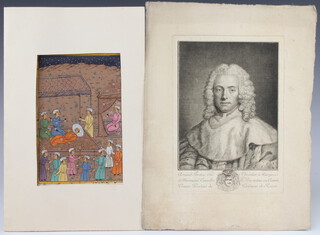 An Indian watercolour of figures in a desert landscape with script (unframed) 23cm x 13cm together with an unframed engraving, portrait study of a gentleman 27cm x 21cm 