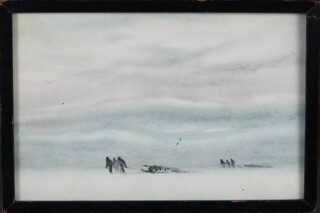 Print, antarctic study of figures in a snow storm 12cm x 18.5cm 