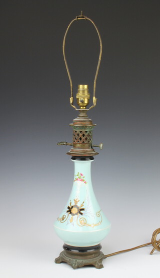 A Victorian ceramic tapered vase decorated with flowers, converted to an oil lamp and electricity 34cm 