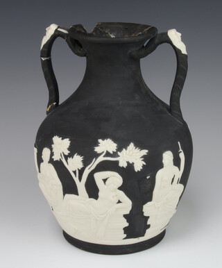 A Wedgwood and Bentley style Portland vase 23cm (1 handle is stuck in 3 places, the lip is chipped and stuck with missing pieces) 