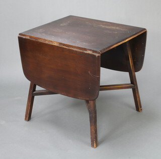 A dark elm drop flap dining table raised on square supports with X framed stretcher 72cm h x 75cm w x 61cm d (water and ring marks to the top)