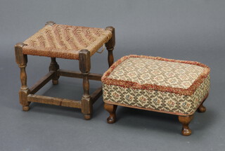 A 1930's turned beech stool with woven rush seat raised on turned adn block supports 29cm h x 30cm w x 30cm d together with one other stool with overstuffed seat raised on cabriole supports 190cm h x 36cm w x 27cm d 