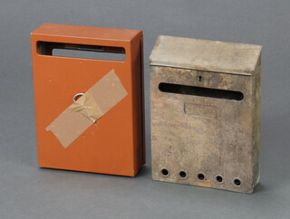 Two pressed metal wall mounted letter boxes 25cm h x 18cm w x 6cm d and 25cm h x 18cm w x 7cm d