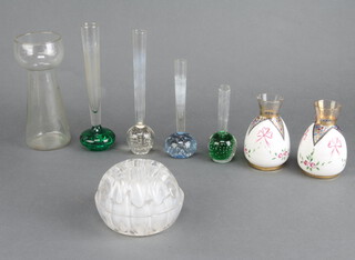 A pair of Continental painted glass bulbous vases decorated with ribbons (chipped  and floral swags 11cm (chipped lip), 6 glass flower holders