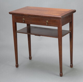 An Edwardian rectangular mahogany card table fitted a drawer and with undertier, raised on square tapered supports, spade feet 72cm h x 68cm w x 38cm d 
