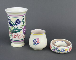 A 1970's tall vase decorated with birds and flowers 21cm, a ditto squat vase 10cm and a posy dish 10cm