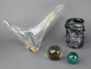 A Studio grey knobbly glass vase 17cm, a yellow and blue free form ditto 47cm and 2 paperweights 8cm and 7cm 