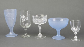 A set of 5 moulded blue glass sundae dishes and 5 ditto fruit bowls, 6 sherry glasses, 4 high balls and 6 hocks