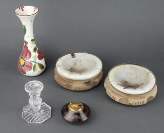 A 1970's Spanish waisted oviform vase decorated flowers 25cm, 2 Studio glass ashtrays, 2 wooden bowls, cigarette lighter and candlestick