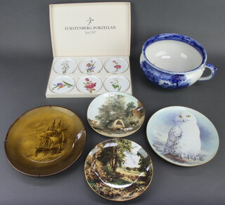 A Victorian transfer printed chamber pot decorated landscape views, 4 decorative plates and 6 boxed dishes