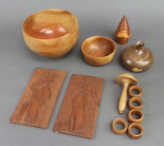A turned wood fruit bowl, a smaller ditto, a vase, minor treen items and 2 carved panels of cricketers