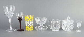 Four cut glass wine glasses, 7 red glass liqueurs, 10 liqueurs and minor glassware 