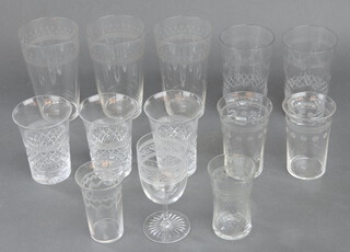 Three large Edwardian engraved tumblers, a pair of smaller ditto, 3 cut glass tumblers and 5 other glasses