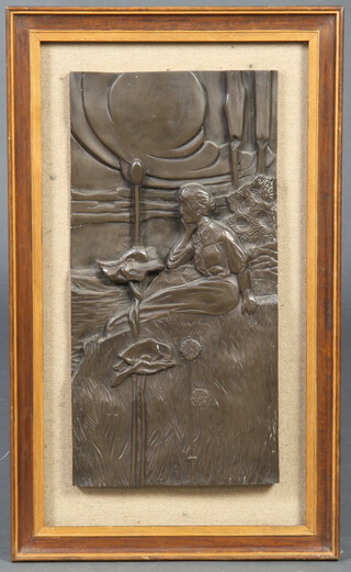A bronzed plaque depicting a Japanese lady sitting in a garden 40cm x 20cm