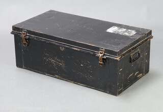 A black painted metal uniform trunk 28cm h x 80cm w x 40cm d
