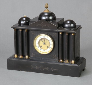 A French 19th Century 8 day striking mantel clock with enamelled dial and roman numerals contained in a black architectural case, complete with key and pendulum (two finials are damaged)