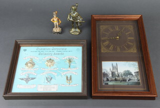 Operation Corporate Gallantry Awards, six framed cap badges commemorating the Falklands War, a wall clock with decorative print to base, a brass figure of a standing dragoon 6cm and one other figure of a dragoon 10cm