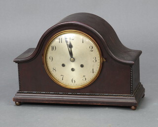 A 1930's chiming mantel clock with silvered dial and roman numerals contained in an arched mahogany case 28cm h x 40cm w x 16cm d (no pendulum)