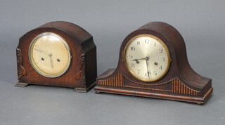 A 1930's striking mantel clock with silvered dial and arabic numerals contained in an arched oak case 24cm x 37cm x 13cm (no pendulum or key) together with one other similar clock 22cm x 25cm x 12cm 