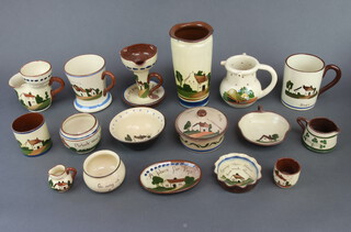 A motto ware chamberstick 14 cm, a ditto shaving mug, vase and other motto ware
