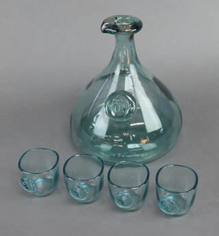 A Continental turquoise glass ewer and 4 tots
