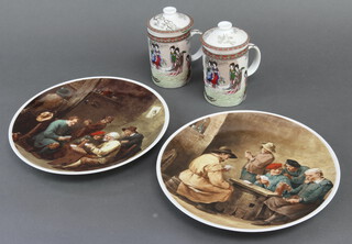A pair of modern Chinese cups with strainers and lids 15cm, together with 2 decorative wall plates