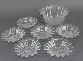 A pressed glass floral fruit bowl and 6 matching dishes