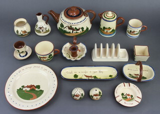 A motto ware teapot 12cm, a ditto toast rack and other motto ware vessels
