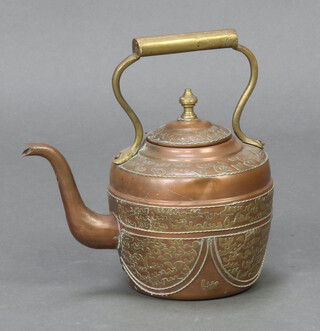 A copper and brass kettle 36cm x 13cm