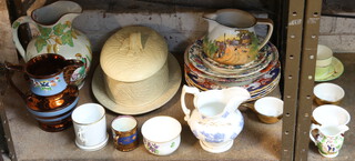 A Victorian Staffordshire moulded jug decorated with figures, 5 Ironstone dinner plates, a Victorian moulded tureen and cover and minor decorative china