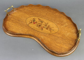 An Edwardian inlaid oak 2 handled kidney shaped tray 56cm 
