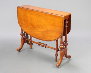 A Victorian oval Sutherland table raised on turned supports with turned stretcher 72cm h x 83cm w (Some contact marks and bruising to the rule joint)