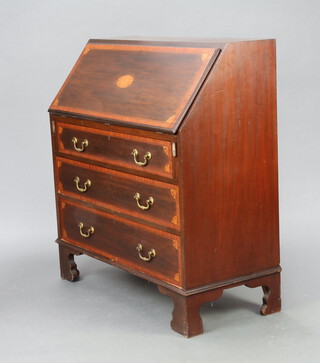 A 19th Century inlaid mahogany bureau, the fall front above 3 drawers with brass swan neck drop handles, raised on bracket feet 97cm h x 92cm w x 42cm d 