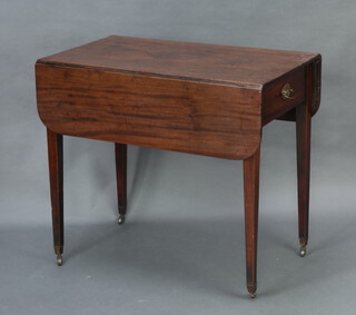 A 19th Century mahogany Pembroke table fitted a drawer raised on square supports, brass caps and casters, 75cm h x 84cm x 49cm (ring marks and bruising to the top) 