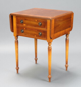 A Georgian style crossbanded yew sofa table fitted 2 drawers, raised on turned supports 71cm x 54cm x 48cm (scratching to the top) 
