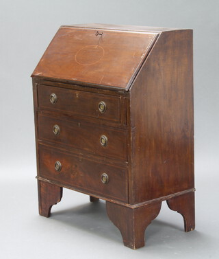 An Edwardian inlaid mahogany bureau, the fall front above 3 long drawers, raised on bracket feet 99cm h x 76cm w x 42cm d (scuffing and pitting in places) 