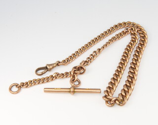 A 9ct yellow gold tapered Albert with T bar and clasp 35.5 grams gross (the clasp is gilt) 