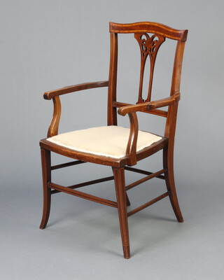 An Edwardian inlaid mahogany open armchair with pierced vase shaped slat back, upholstered seat, raised on outswept supports 87cm h x 54cm w x 40cm d (seat 28cm x 27cm) 