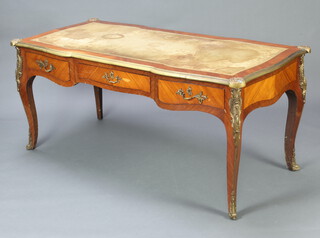 A Kingwood gilt mounted bureau plat with green leather inset writing surface, fitted 1 long drawer flanked by 2 short drawers with gilt metal mounts  78cm h x 170cm w x 82cm d 