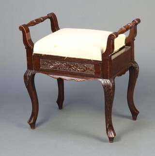 A Victorian carved mahogany box seat piano stool with hinged lid, raised on cabriole supports 62cm h x 59cm w x 47cm d (seat 36cm x 25cm) 