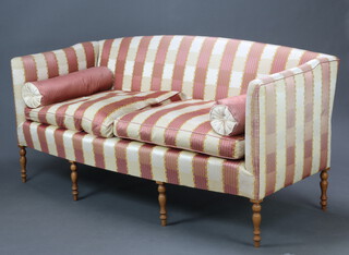 A 19th Century 3 seat sofa upholstered in red and white striped material, raised on turned supports 93cm h x 189cm w x 79cm d (seat 172cm w x 62cm d) 