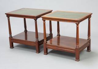 A pair of Georgian style rectangular mahogany 2 tier lamp tables with inset green writing surfaces, raised on turned and reeded supports 61cm h x 62cm w x 59cm d 